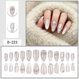 Almond cat-eye 3D bow French press-on nails set, elegant rhinestone fake nail 24pcs.