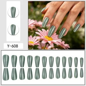 Green crystal cat-eye press-on nails medium coffin shape false nail art full set 24pcs