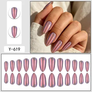 Purple aurora cat eye press on nails glossy mirror magic powder fake nail art 24pcs set