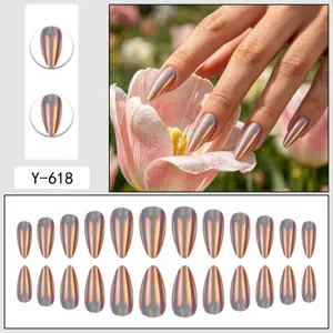 Chic 24pcs aurora press-on fake nails holographic magic mirror powder long almond false nail set