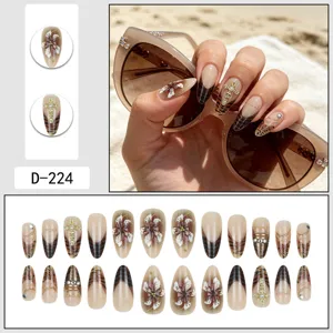 3D floral press-on nails almond short false nails Maillard tortoise shell nail art set