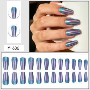 Holographic electroplated medium coffin false nails, trendy detachable press on nails set.