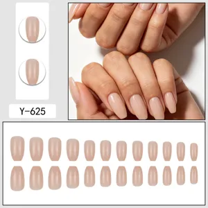 Short ballerina press-on nails nude solid color fake nail set with hand model display details.