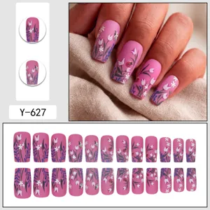 European square medium long press on nails pink floral design 24pcs cute wearable nail art