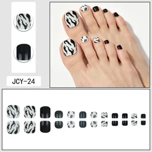 Black and white zebra print press-on toenails set, stylish false toe nail art stickers.