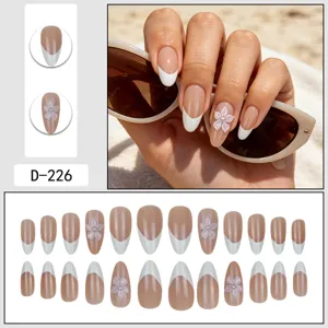 French press-on nails with 3D floral art and pearls, elegant almond shape fake nails set.