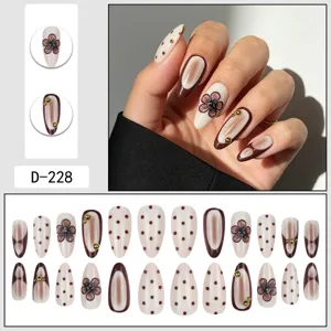 Brown sugar press on nails almond French retro floral polka dot fake nails 24pcs set chic style