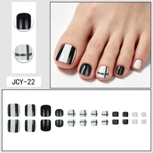 Press on toe nails 24pcs black white grid false toenails cute fake toe nail art set