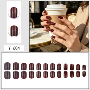 Wine red solid color press on nails set, high-end glossy fake nail tips for women.