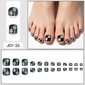Press-on toenails black square short glossy fake toenails with white flower pattern set of 24