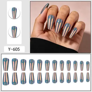 Glossy long coffin press-on nails with aurora electroplated chrome finish, 24pcs set.