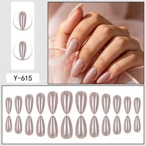 Elegant almond cat eye press on nails nude champagne shimmering false nail set 24pcs