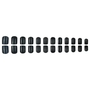 Detail shot of short square dark grey press-on nails, smooth glossy finish, 24 pieces set.