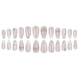 Almond cat-eye press-on nails set with 3D bows, rhinestones and French tips, 24 pieces.