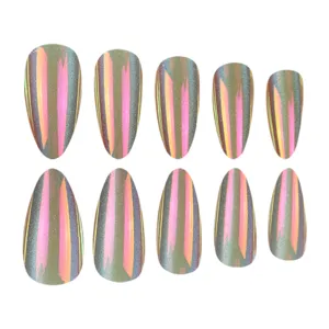 Detail view of almond press-on nails featuring aurora mirror powder and trendy design.