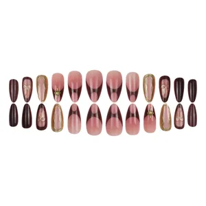 Exquisite 3D gilded press-on nails short almond shape with gold bows 24pcs set for women.