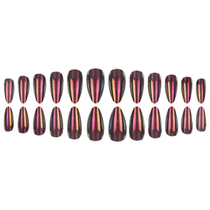Cyberpunk holographic press-on nails set, aurora mirror powder false nail art 24pcs.
