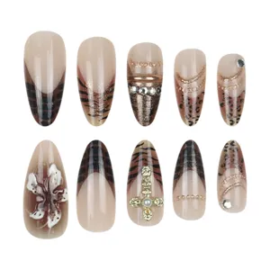 3D Almond Press on Nails Set Maillard Tortoiseshell Fake Nails with Cross Flower Art Design