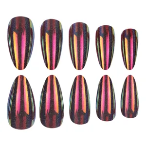 Cyberpunk aurora metallic press-on nails set, shiny mirror finish false nail art tips.