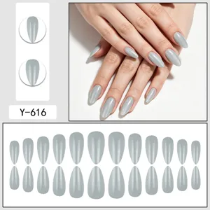 Grey cat eye press on nails detail view showing almond shape and glossy finish