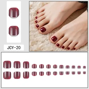 Dark red cat-eye press-on toenails 24pcs set, glossy short square false toenails detail view.
