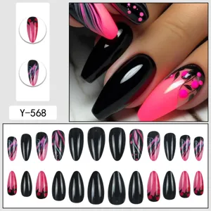 Press on nails 24pcs false nails stiletto black pink floral acrylic fake nails set
