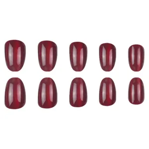 Bourgondische kattenoog korte ronde press-on nagels set, elegante glanzende kunstnageltips.