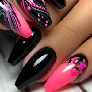 Elegant Almond Flower Pattern Press On Nails Black Pink Marble Design Glossy Long Waterdrop Fake Nails For Women Daily Dating Manicure Art