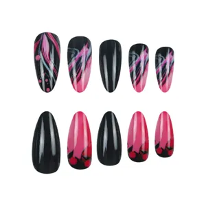 Stilettos press on nails set with chic black pink marble and cute cherry designs.