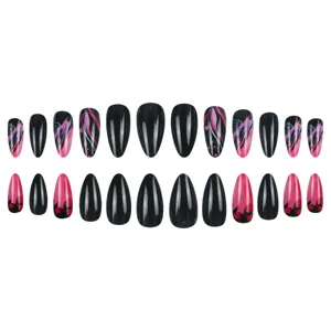 Close-up detail of 24pcs waterdrop almond press-on false nails with black pink swirl cherry.