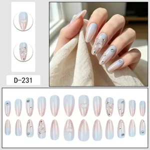 Gradient blue pink press on nails with rhinestones pearls cute butterfly design false nail set