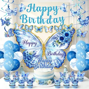 Blue butterfly birthday party decoration set with banner, balloons, and cake toppers.
