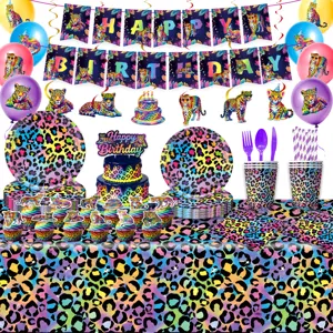 Bunte Neon Leo Print Geburtstag Party Deko Set mit Banner Luftballons Teller Becher Tuch