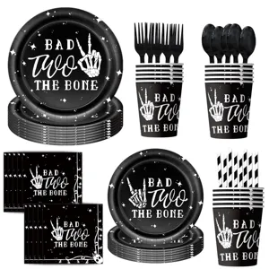 Bad Two The Bone 2nd birthday party tableware set black plates cups napkins decor