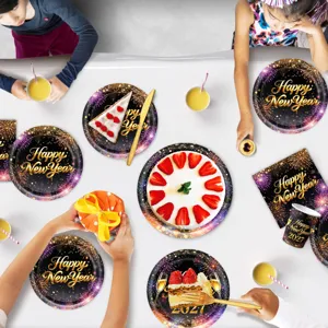 Black gold New Year party tableware set with fireworks paper plates cups napkins decor.