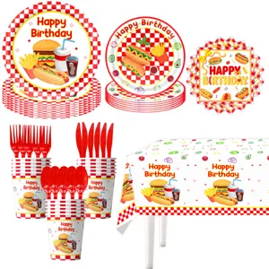Cartoon Burger Pommes Geburtstag Party Geschirr Set Pappteller Becher Tischdecke
