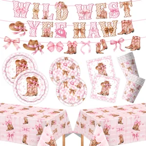 Rosa Gingham Schleife Cowboy Thema Geburtstagsparty Einweg Geschirr Set Für Mädchen Wild West Party Zubehör Teller Servietten Becher Tischdecke Banner