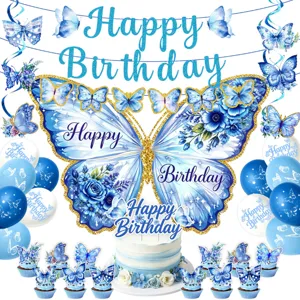 Blue Butterfly Theme Birthday Party Decorations Watercolor Floral Cake Toppers Banner Balloons Backdrop Hanging Swirls Set For Celebration Layout