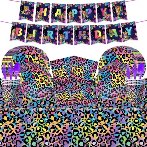 Buntes Neon-Leopardenmuster Party Zubehör Set mit Geburtstag Banner Teller und Bechern.