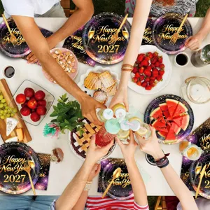 Black gold New Year party tableware set paper plates napkins festive celebration table decor supplies