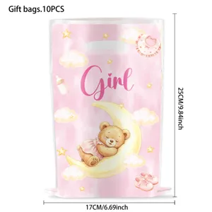 Baby gender reveal gift bag detail showing cute teddy bear design and dimensions clearly.