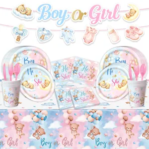 Geschlecht enthüllung party deko set teddybär pappteller becher servietten tischdecke banner