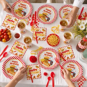 Cartoon Burger Pommes Geburtstag Party Geschirr Set Pappteller Becher und Servietten Deko.