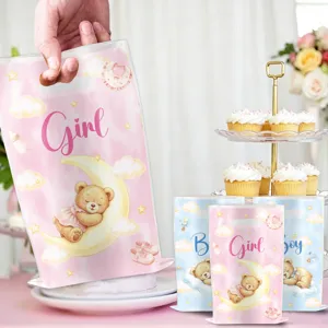 Cartoon Teddy Bear Plastic Gift Bag Cute Baby Shower Gender Reveal Party Favor Bag Printed Handle Candy Pouch For Birthday Celebration
