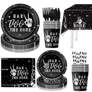 Bad Two The Bone 2nd birthday party tableware set black skeleton plates cups napkins.