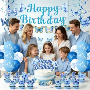 Blue butterfly birthday party decoration set with banner balloons cake toppers for celebration