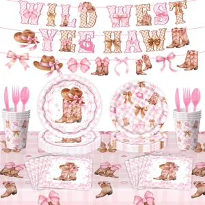 Rosa Western Cowgirl Party Deko Set mit Banner Papptellern Bechern Servietten und Tischdecke.