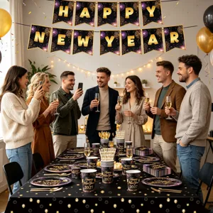 Black gold New Year party decoration set with plates cups napkins tablecloth for celebration.
