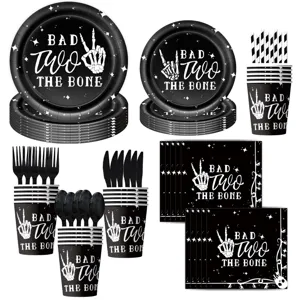 Black skeleton 2nd birthday party tableware set plates cups napkins table decorations