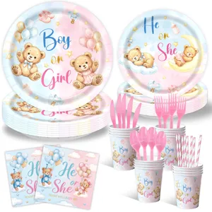 Gender Reveal Party Deko Set Teddybär Pappteller Becher Servietten Gabeln Messer Deko
